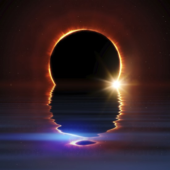 Total sun eclipse water reflection with stars and flare illustration