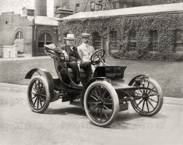 Thomas Alva Edison and Col. E.M.E. Bailey in Bailey Electric automobile powered by Edison Storage