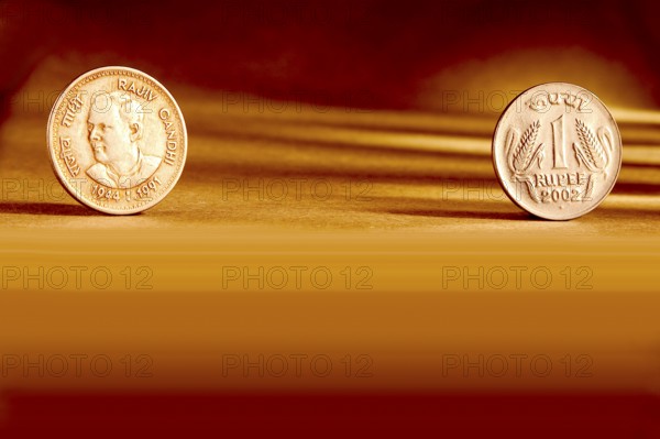 Double pair Indian currency one rupees coin front side and backside manner embossed Rajiv Gandhi