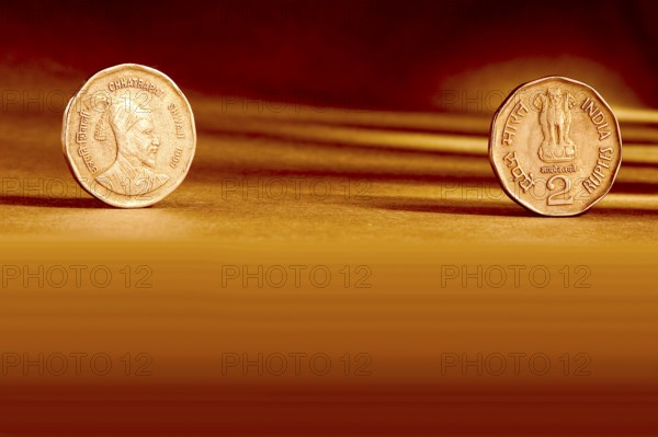 Double pair Indian currency two rupees coin front side and backside manner embossed Chhatrapati