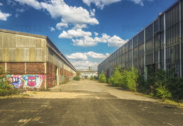 Industrial site with graffiti and sprawling vegetation under a blue sky, Gerresheimer Germany, Lost