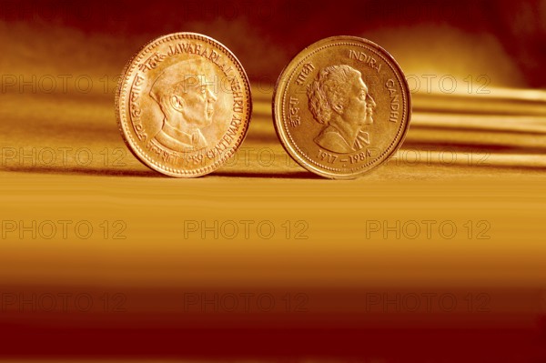 Double pair Indian currency five rupees coin front side and backside manner embossed Jawaharlal