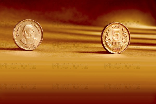 Double pair Indian currency five rupees coin front side and backside manner embossed K. Kamaraj