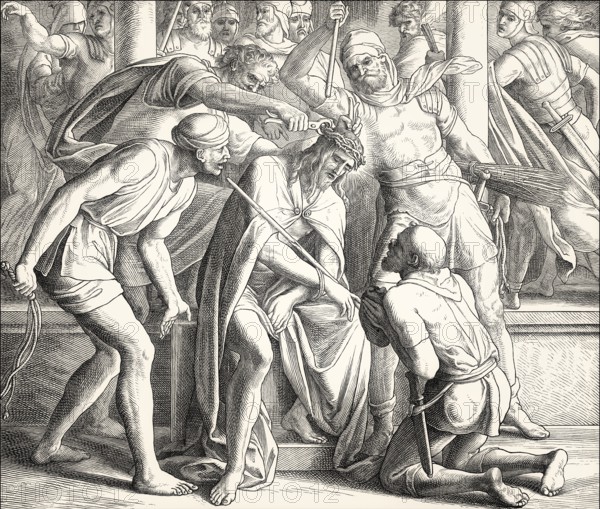 The mocking of Jesus, New Testament, by Julius Schnorr von Carolsfeld, 1860