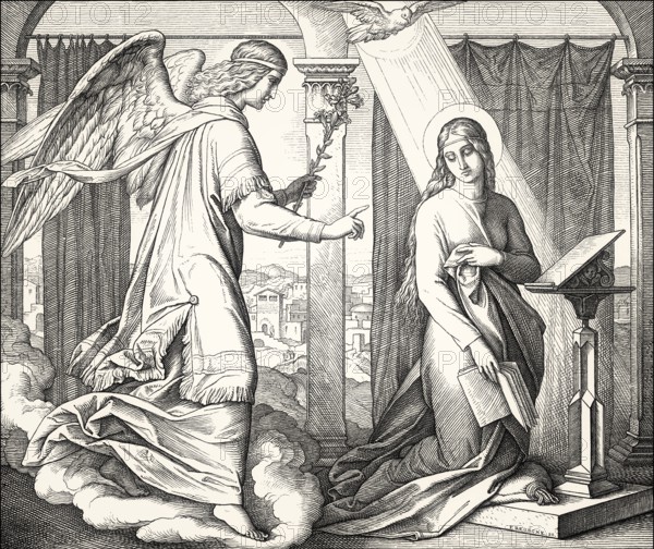 The Angel Gabriel brings the message to Mary about Jesus' birth, by Julius Schnorr von Carolsfeld