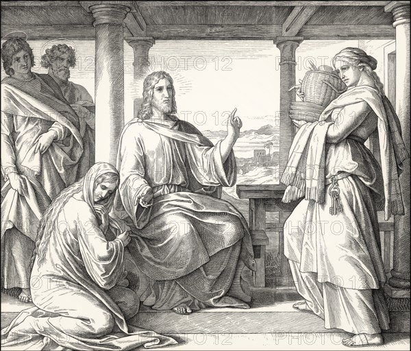 Jesus at the home of Martha and Mary, New Testament, by Julius Schnorr von Carolsfeld, 1860