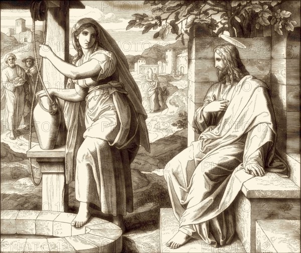 Jesus talks with a Samaritan woman, New Testament, by Julius Schnorr von Carolsfeld, 1860