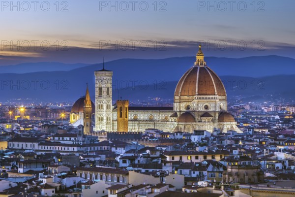 View of Florence Cathedral in evening from Piazzale Michelangelo, Italy, Europe