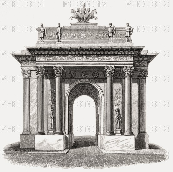 Wellington Arch, Hyde Park, London, UK, illustration by Th. H. Shepherd, 1826