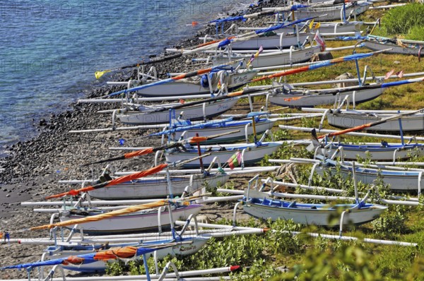 East coast with outrigger boats near Amed, Bali, Indonesia, Asia