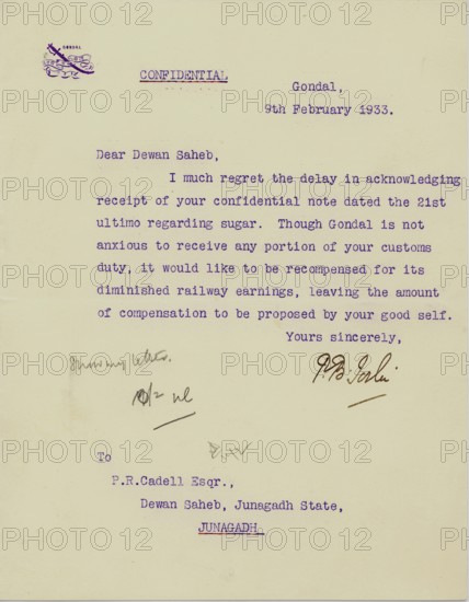 Letter head with royal seal or Coat of Arms9/ii/1933, Gondal Saurashtra, Gujarat, India, Asia