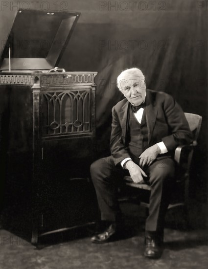 Thomas Alva Edison listening to his disc phonograph, digitally edited