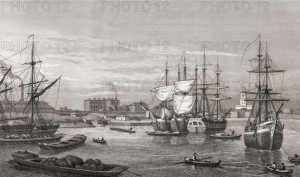 Regent's Canal Dock, Limehouse Basin, London, illustration by Th. H. Shepherd, 1828
