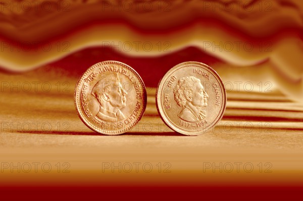 Double pair Indian currency five rupees coin and artistic background backside embossed Jawaharlal