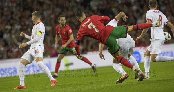 Football match, captain Cristiano RONALDO CR7 Portugal centre has just been fouled and goes down,