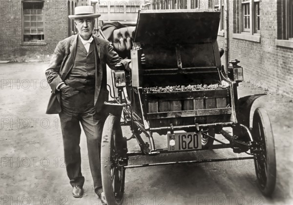 Thomas Alva Edison, 1847, 1931, American inventor, with his electric car, 1911, digitally edited