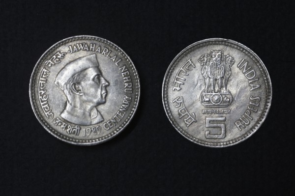 Coinage, India coinage, Jawaharlal Nehru centenary 1989 with five rupee coin