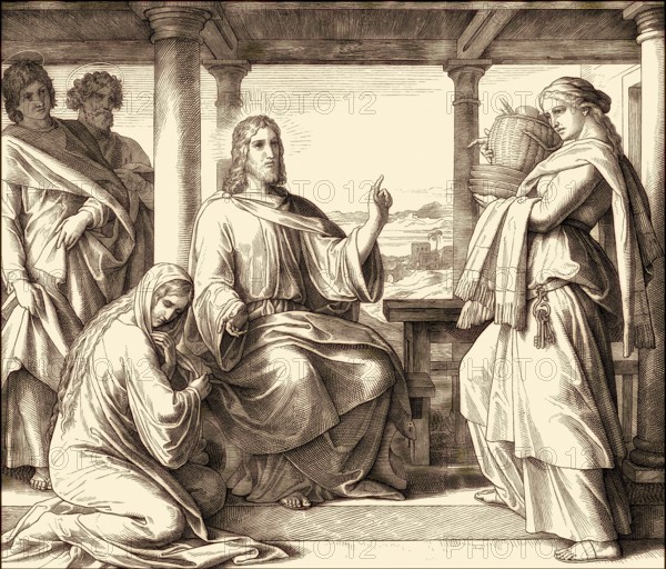 Jesus at the home of Martha and Mary, New Testament, by Julius Schnorr von Carolsfeld, 1860