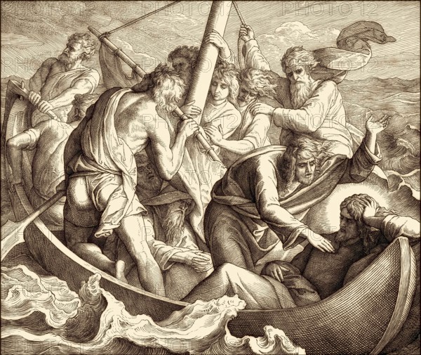 Jesus sleeps in boat during the storm, New Testament, by Julius Schnorr von Carolsfeld, 1860