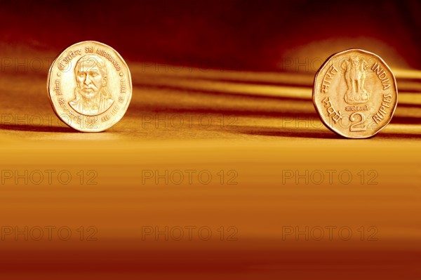 Double pair Indian currency two rupees coin front side and backside manner embossed Sri Aurbindo