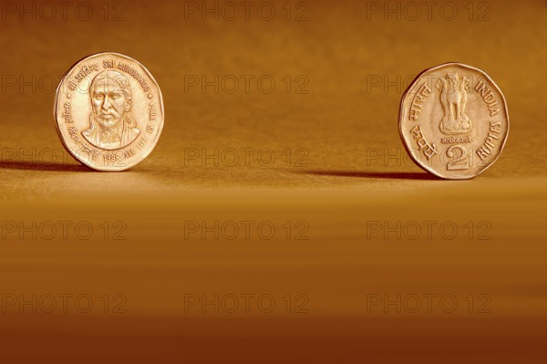 Double pair Indian currency two rupees coin front side and backside manner embossed Sri Aurbindo