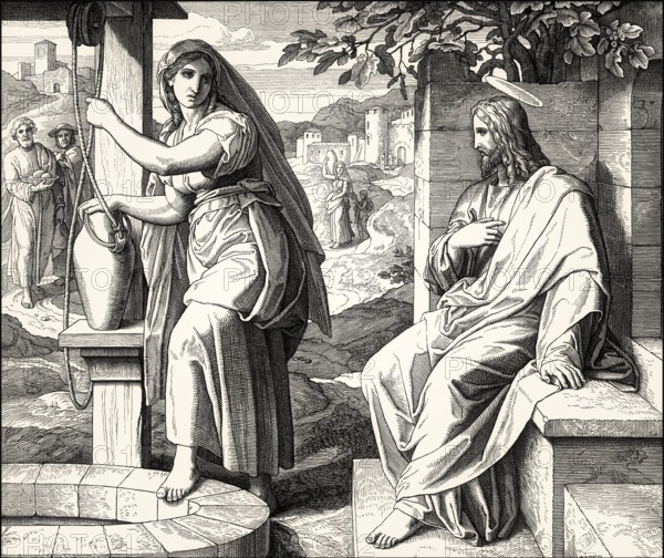 Jesus talks with a Samaritan woman, New Testament, by Julius Schnorr von Carolsfeld, 1860