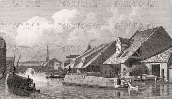 The City Basin, Regent's Canal, London, illustration by Th. H. Shepherd, 1828