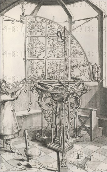 Observing the sky with a brass sextant, Machinae coelestis, 1673, Johannes Hevelius, Danzig