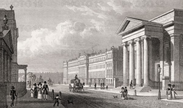 Belgrave chapel, and West side of Belgrave Square, London, illustration by Th. H. Shepherd, 1828
