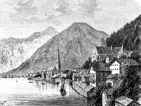 Townscape of Hallstatt in 19th century, Salzkammergut, archaeology of the Early Stone Age or