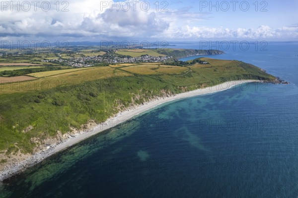 Vault Beach and St Goran seen from the air, Saint Austell, Cornwall, England, United Kingdom,
