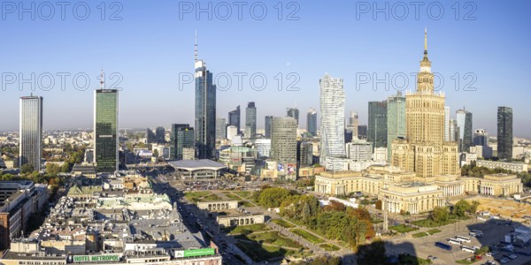 Warsaw skyline skyscrapers with Palace of Culture in the city centre panorama in Warsaw, Poland,