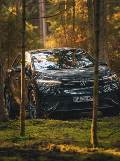 Car between trees in the forest with sunbeams on the bonnet, car sharing vehicle Deer Mobility,