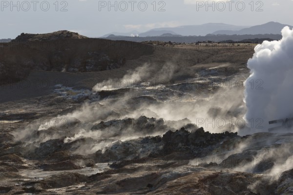 Steam evaporating of the ground at Gunnuhver, close to Reykjanes lighthouse. Gunnuhver is the heart