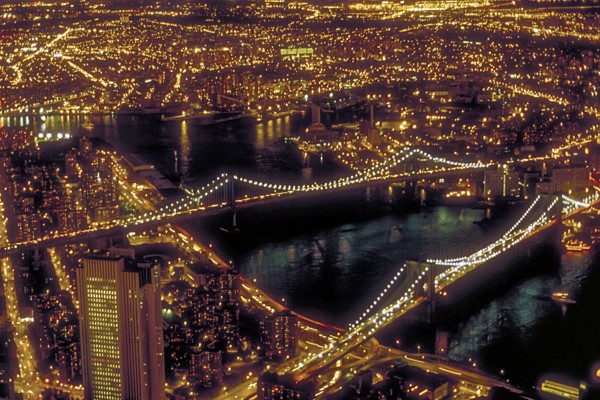 View from the former World Trade Center at night onto Brooklyn, East River, Brooklyn Bridge and