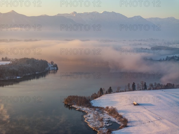 Morning light, winter, snow, fog, lake, mountain landscape, aerial view, sunny, Riegsee, behind it