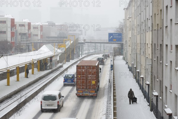 Essen, North Rhine-Westphalia, Germany - Onset of winter in the Ruhr region, few cars and lorries