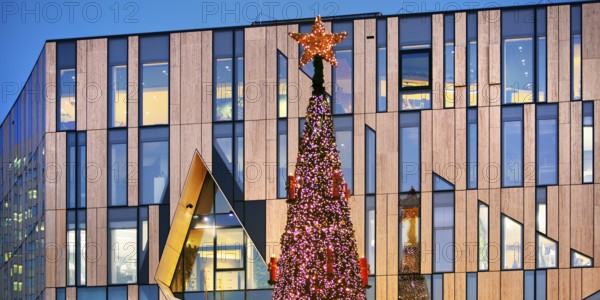 Christmas tree in front of the modern façade of the Koe-Bogen by architect Daniel Libeskind,