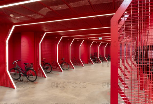 Underground car park for bicycles, redesigned Potsdamer Platz station, Sony Center, Berlin,