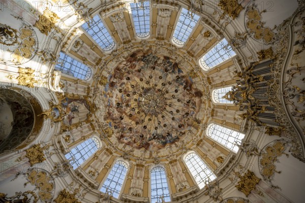 Interior of the baroque church with ceiling paintings, Ettal Monastery, baroque Benedictine abbey,