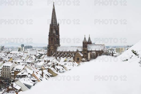 Panorama with snow-covered houses, old town and Freiburg Minster, Freiburg im Breisgau, Black