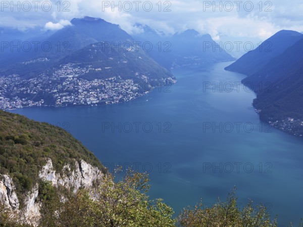 View of Lake Lugano from Monte San Salvatore, Lugano, Canton Ticino, Switzerland, Europe