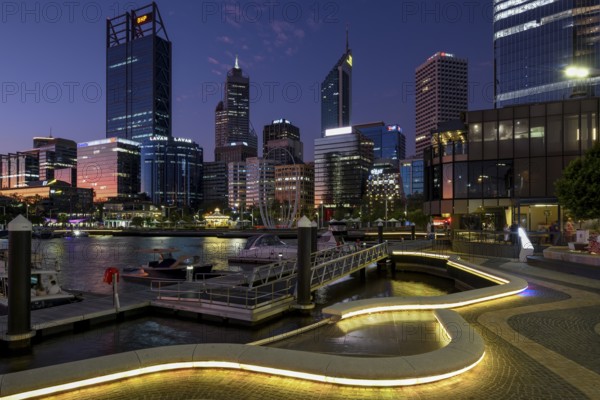 Skyline at Elisabeth Quay, blue hour, blue hour, harbour, Perth, State of Western Australia,