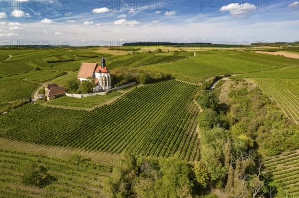 The pilgrimage church Maria im Weingarten and vineyards near Volkach seen from the air, Lower