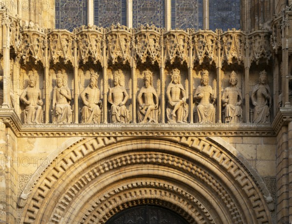 Carved stonework figures of kings, Gallery of Kings, frontage of cathedral church, Lincoln,