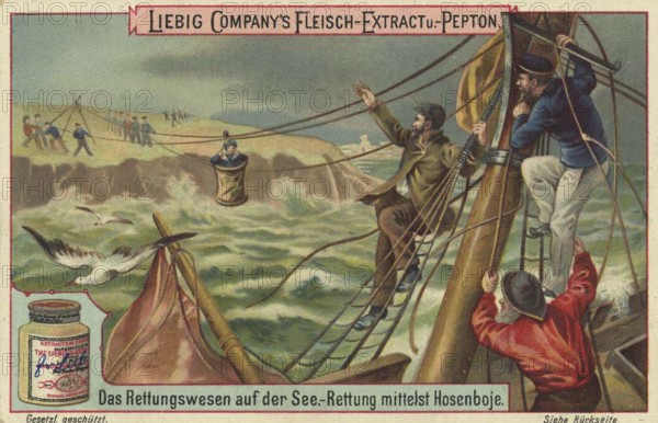 Picture series The rescue system at sea, rescue by means of a trouser buoy, Liebig picture,