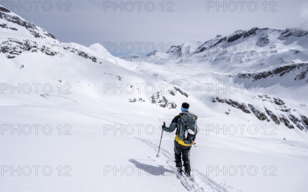 Ski tourer, winter in the Bernese Alps, ascent to the Wildstrubelhütte, Bernese Oberland,