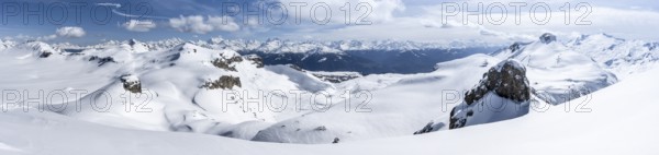 Panorama, view from Wisshore summit, mountain landscape with snow, mountain panorama with glacier