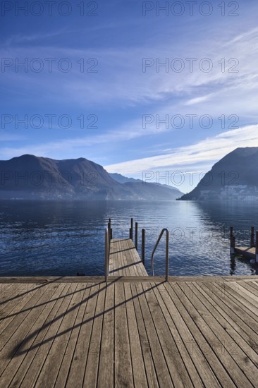 Jetty, wooden planks, stainless steel railing, frog perspective, lake, jetty, mountain landscape,