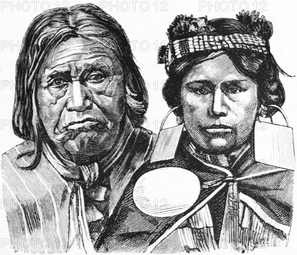 Man and woman of the indigenous Indian tribe of the Aurecans, headband, scarf, jewellery, portrait